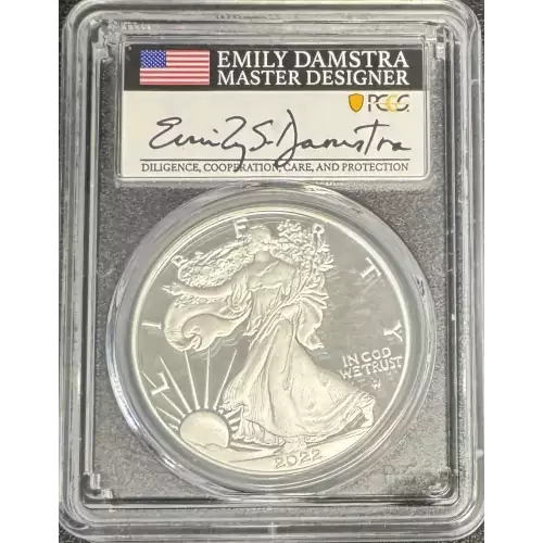 2022-S $1 Silver Eagle First Day of Issue Emily S. Damstra Flag, DCAM